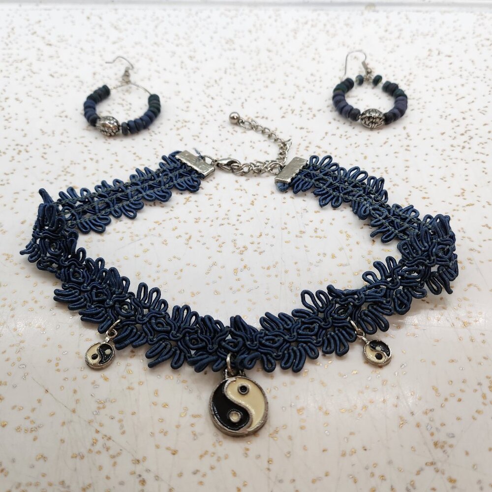 Vintage Drop Hoop Earrings & Ying Yang Choker Set